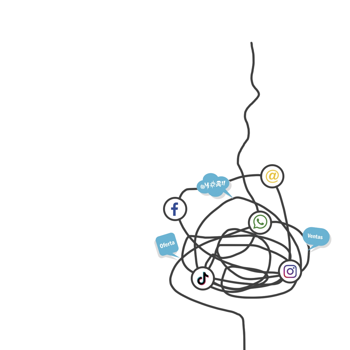 Embudo de ventas enredado, logos de redes sociales y palabras (ventas, oferta, simbolos que asemenjan malas palabras).