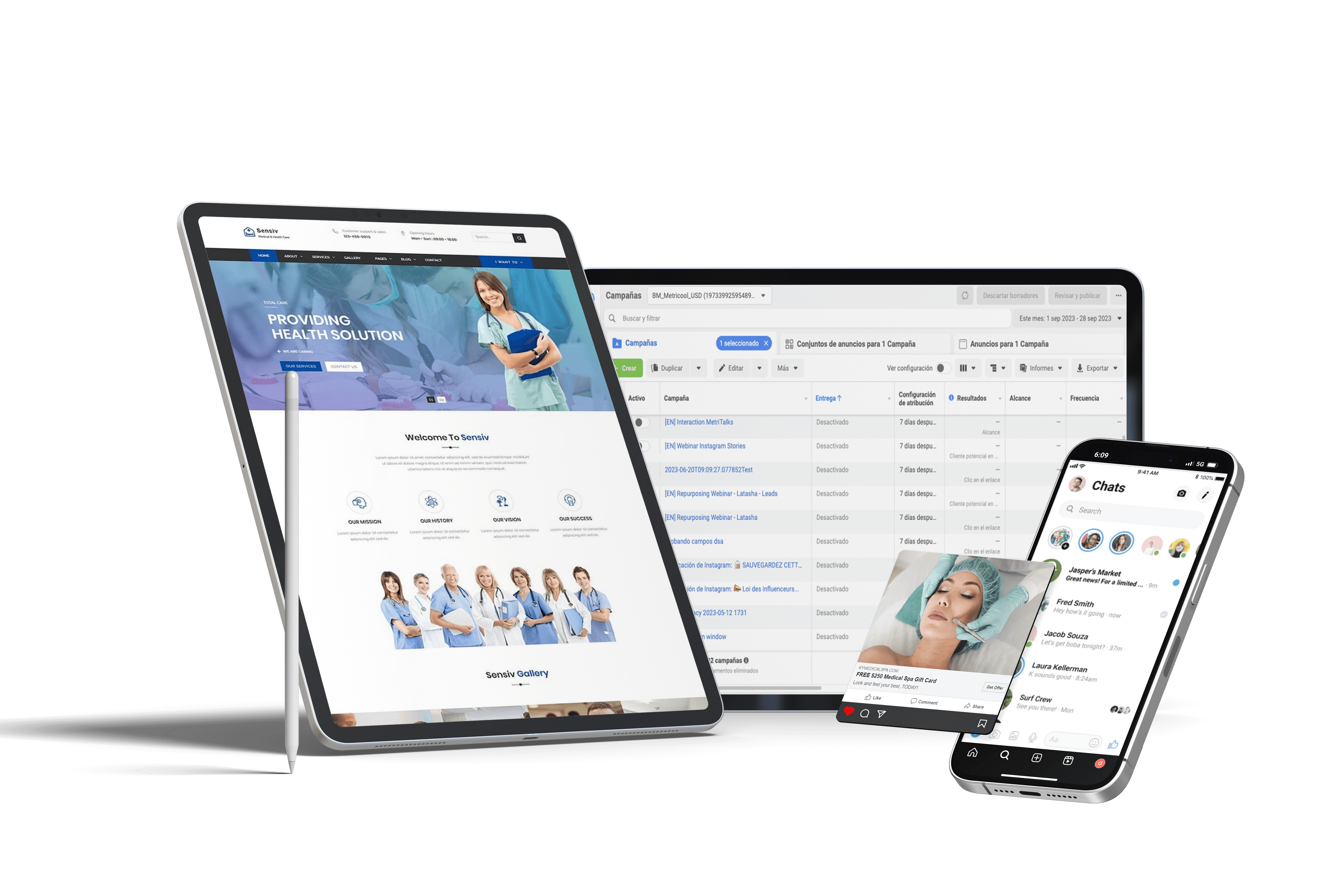 Computadora, tablete y teléfono celular, con imégnes de los servicio brindados em el paquete 2